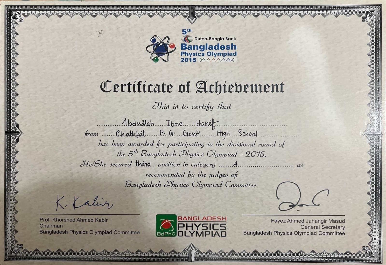 3rd Position — Divisional Physics Olympiad