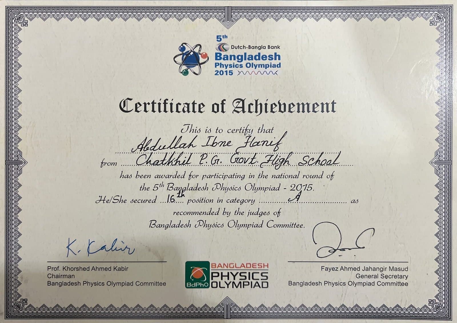 16th Position — National Physics Olympiad