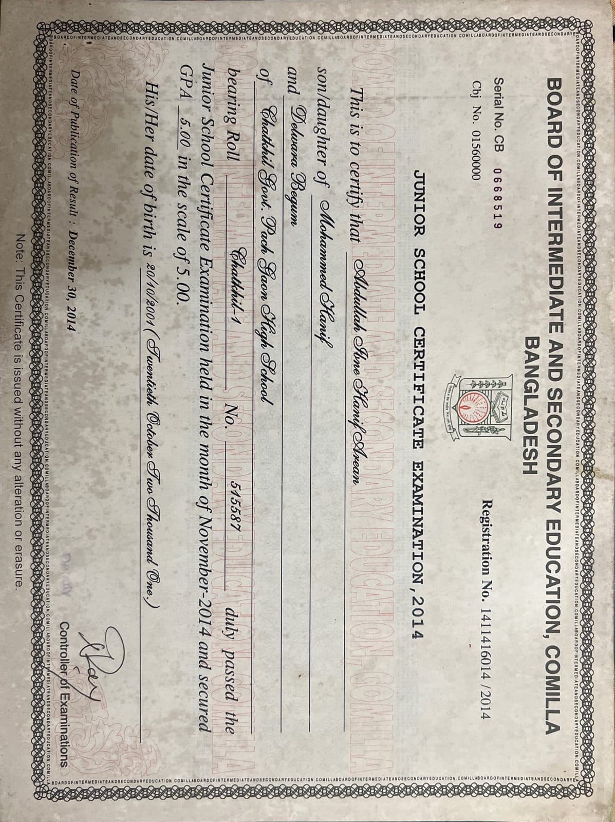 Junior School Certificate — GPA 5.00