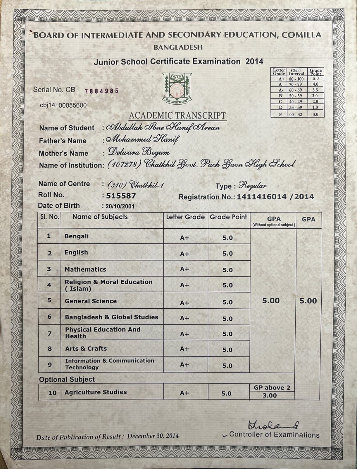 JSC Academic Transcript — GPA 5.00