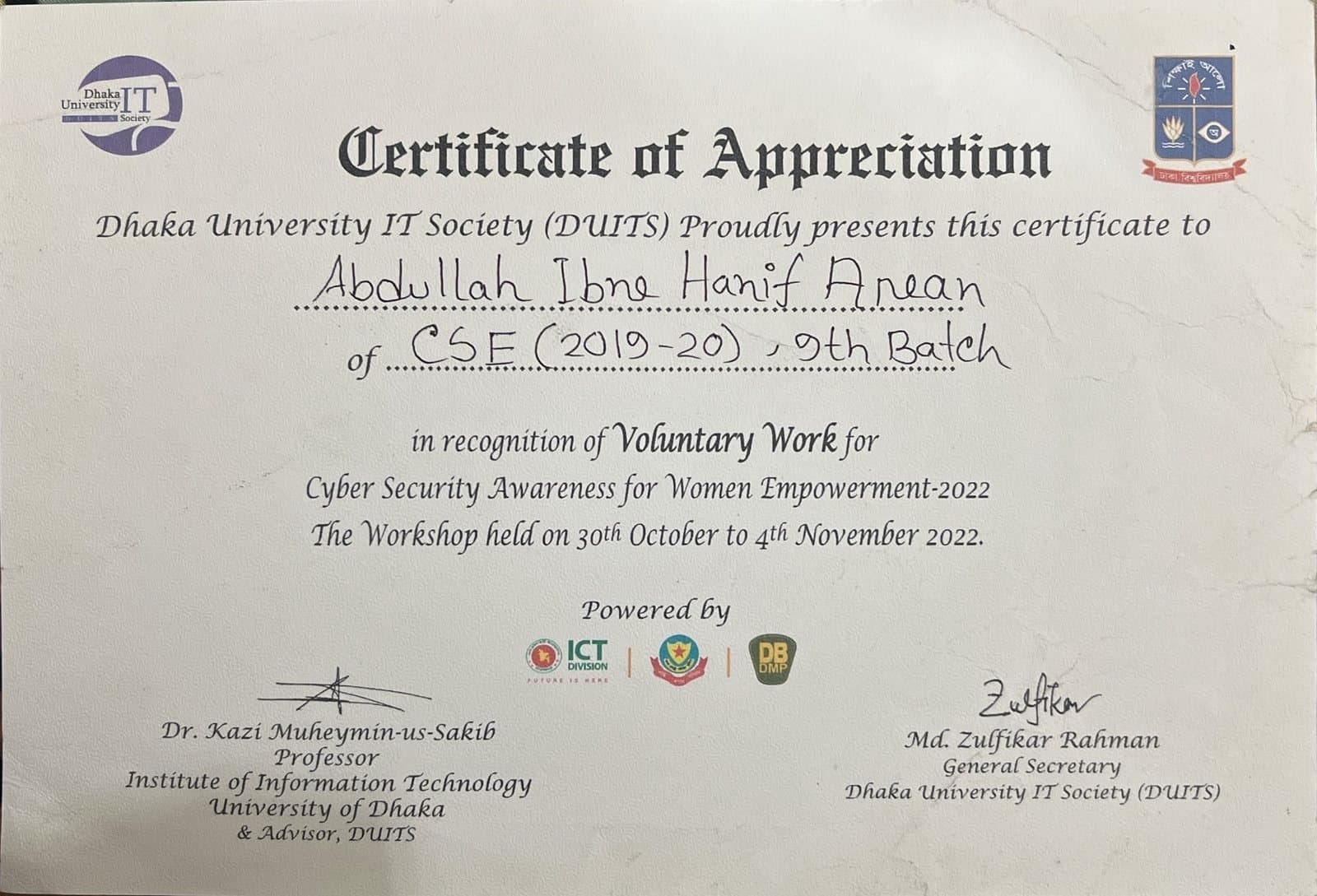 Best Volunteer — Cyber Security Workshop
