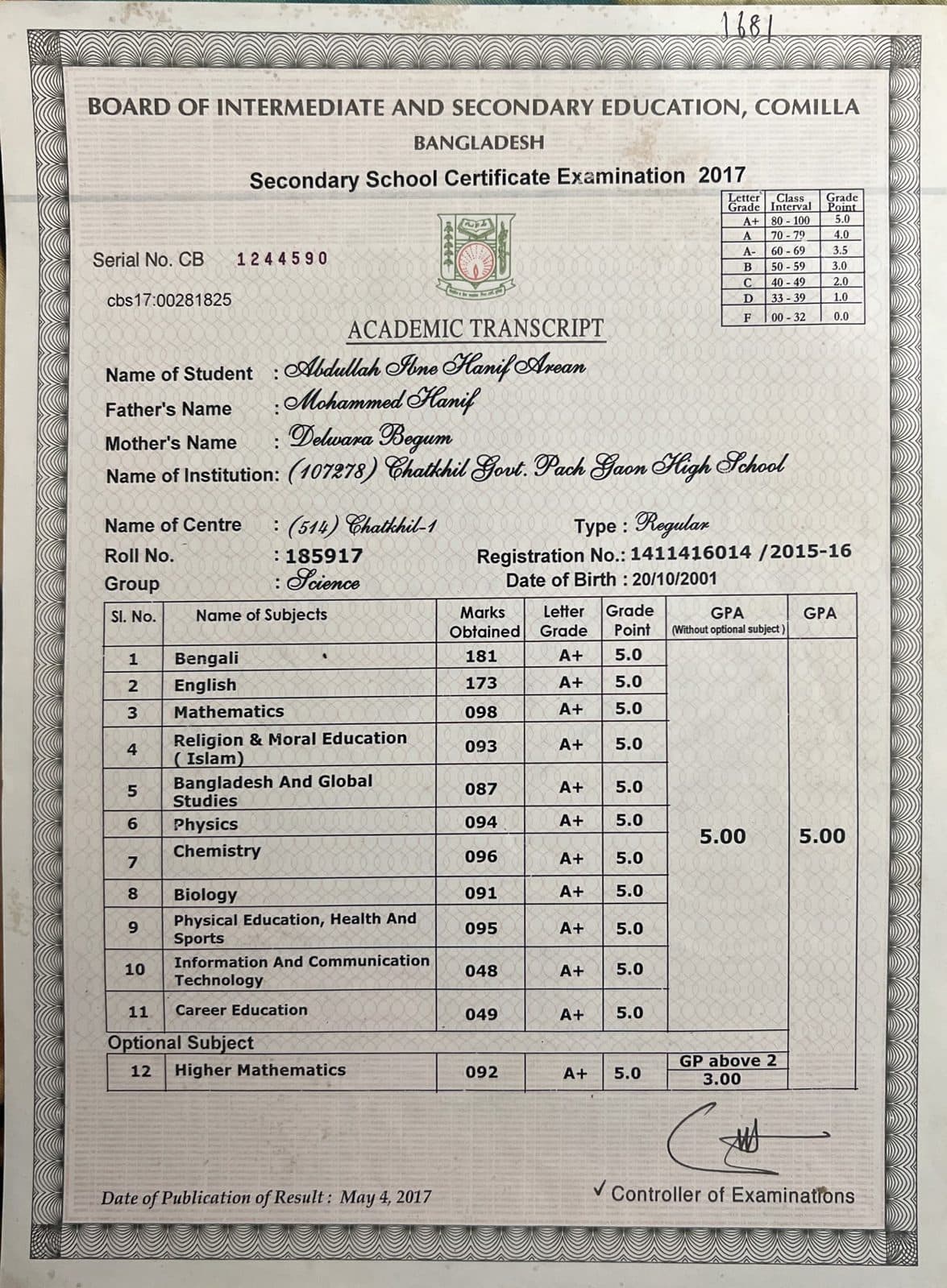 SSC Academic Transcript — GPA 5.00