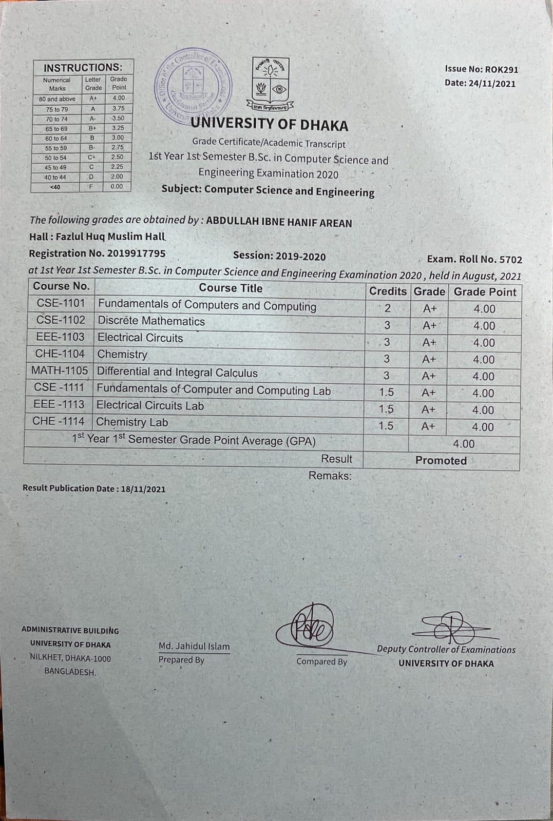 1st Year 1st Semester Transcript — GPA 4.00