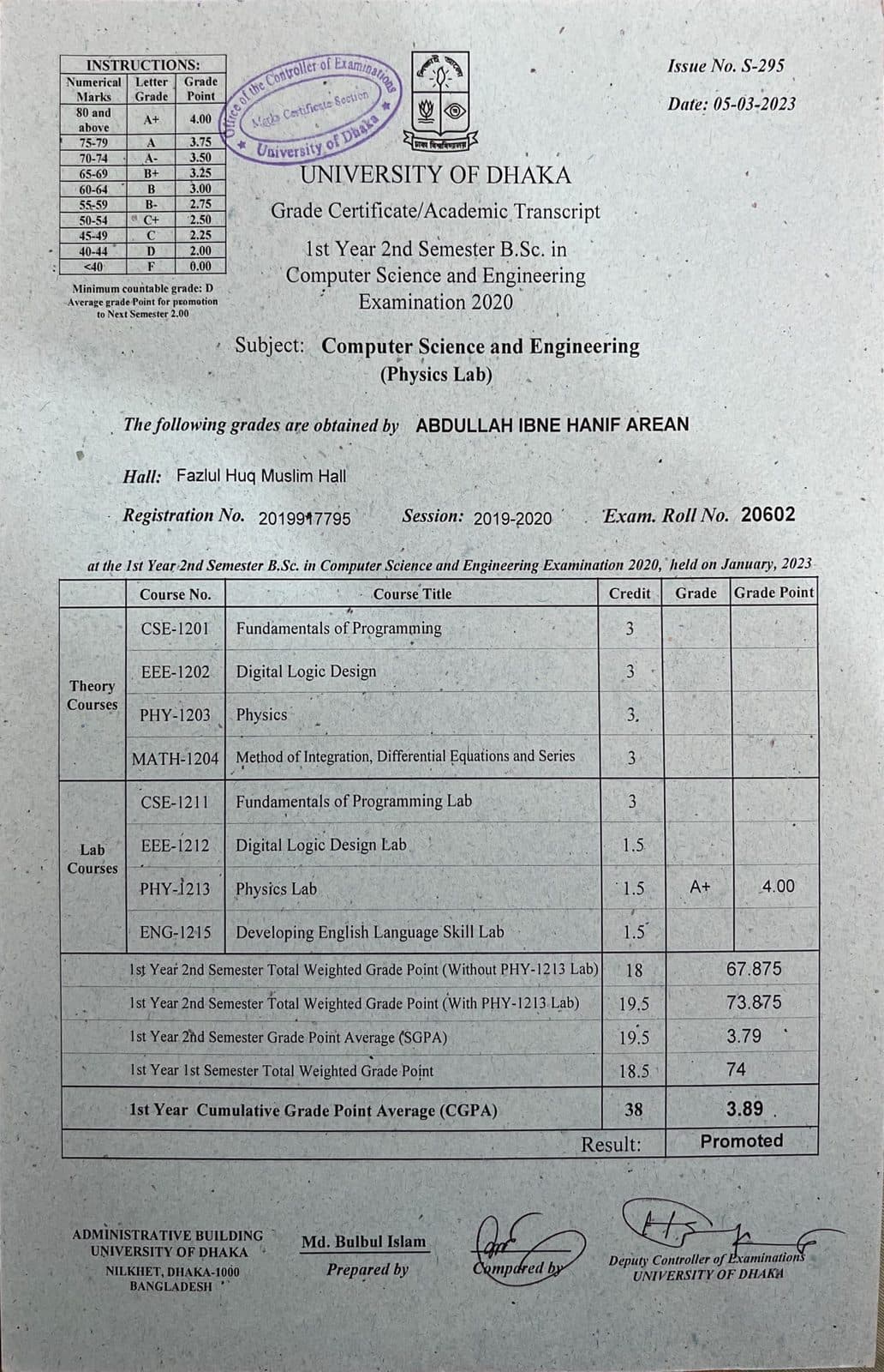 1st Year 2nd Semester Grade Certificate
