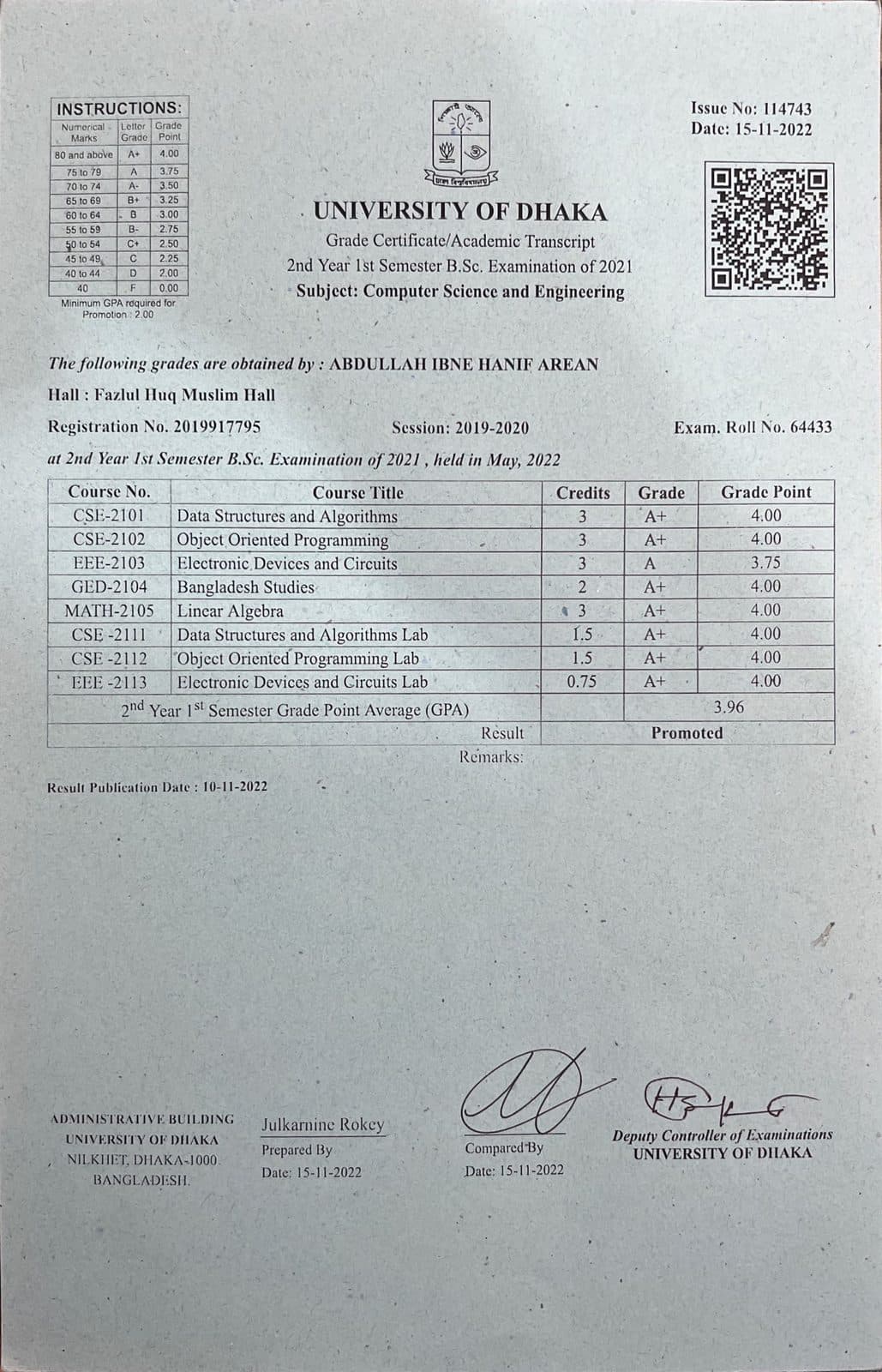 2nd Year 1st Semester Transcript — GPA 3.96