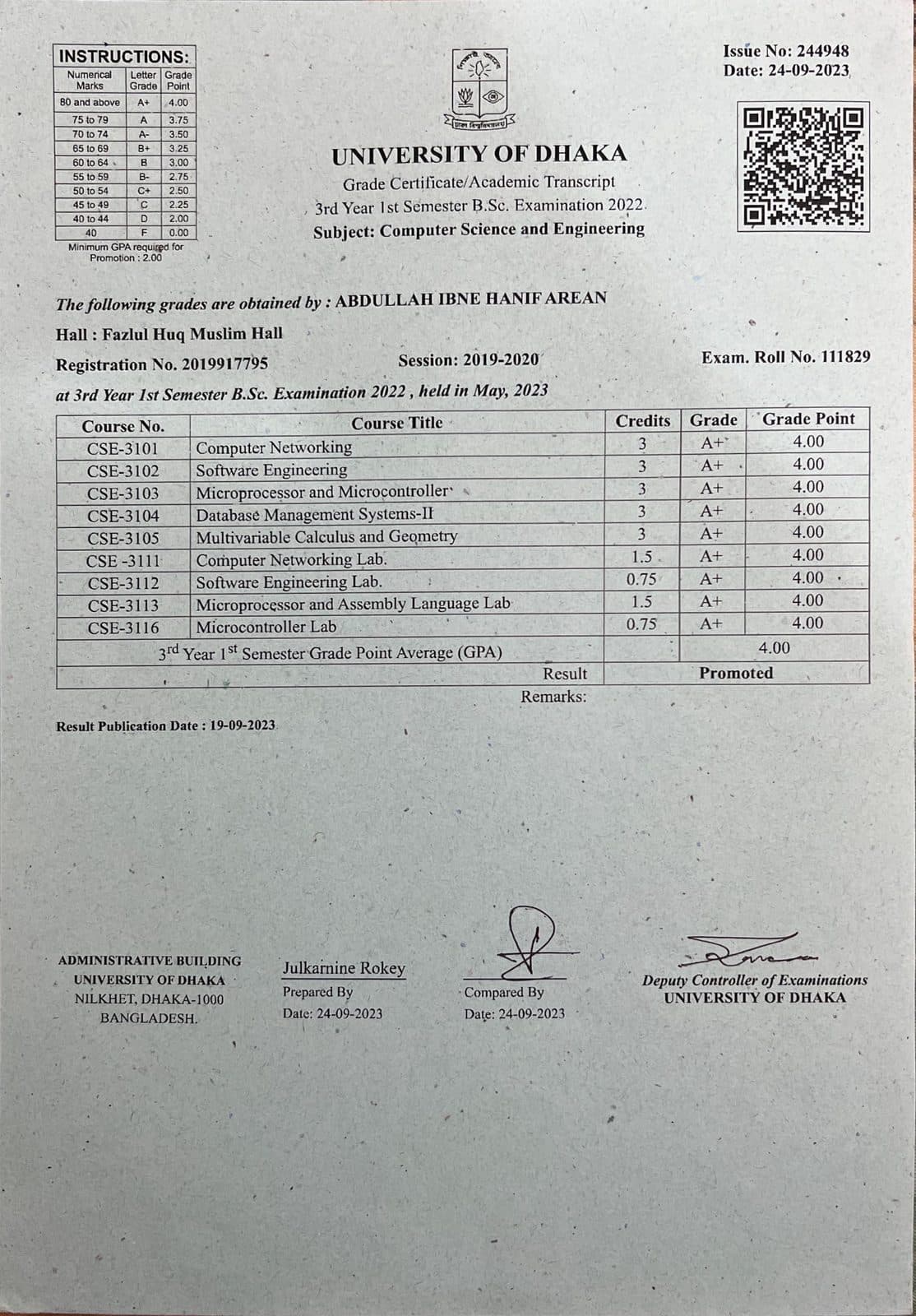 3rd Year 1st Semester Transcript — GPA 4.00